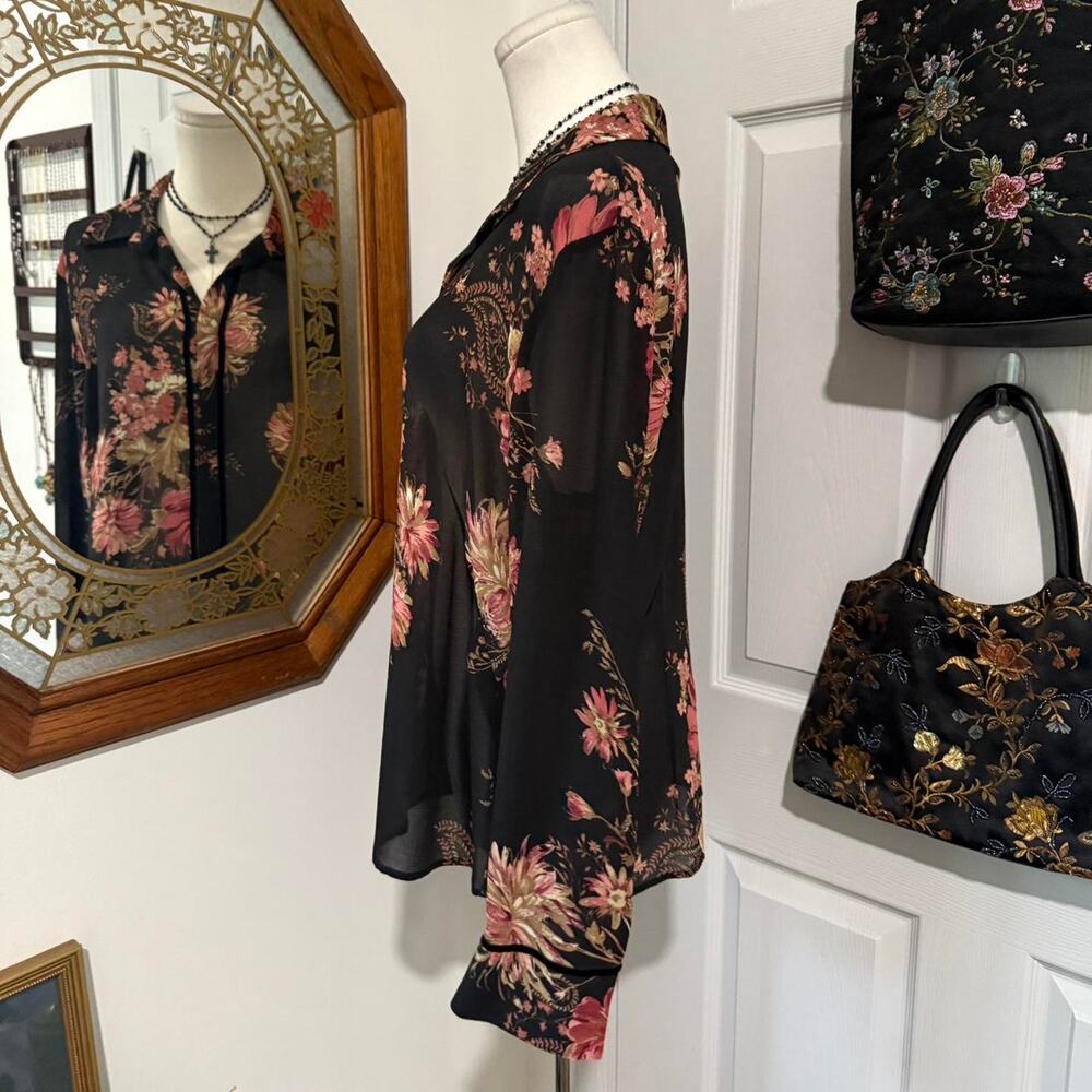 VTG Y2K Emma James Sheer Black Pink Floral Long Sleeve Button Up Dark Femme Top - Picture 4 of 8